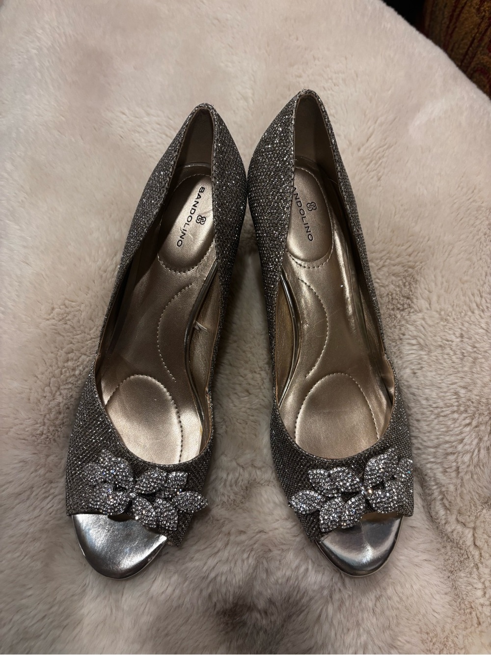 Bandolino Sparkling Silver Peep-Toe Heels with Crystal Floral Embellishment